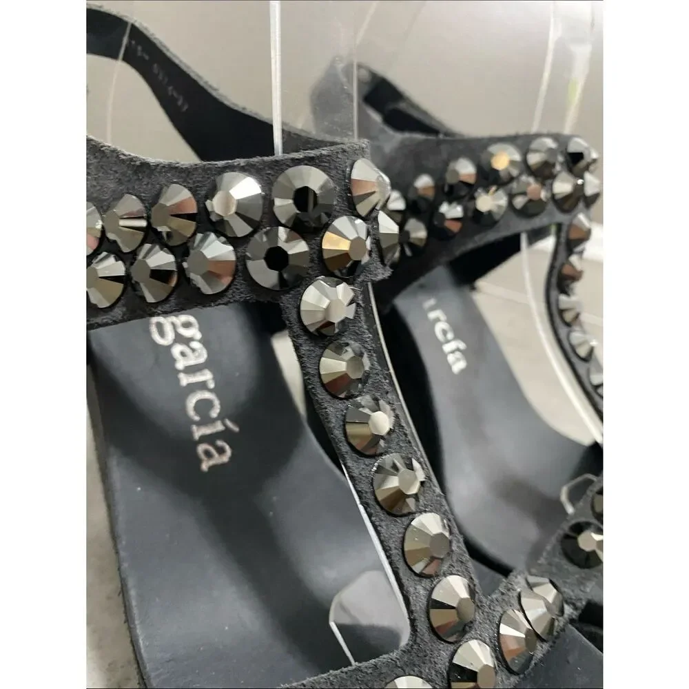 Pedro Garcia Swarovski Crystals Black Suede Platform Wedge Sandals Size 37 US 7